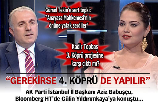 "Gerekirse 4. köprü de yapılır" - AK Parti İstanbul İl Başkanı Aziz Babuşçu, Bloomberg HT’de Gülin Yıldırımkaya’ya konuştu… "Gerekirse 4. köprü de yapılır" - AK Parti İstanbul İl Başkanı Aziz Babuşçu, Bloomberg HT’de Gülin Yıldırımkaya’ya konuştu…