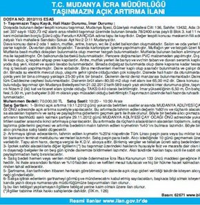 T.C. MUDANYA İCRA MÜDÜRLÜĞÜ TAŞINMAZIN AÇIK ARTIRMA İLANI
