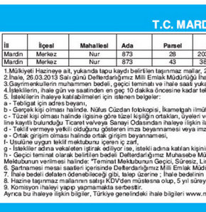 İHALE İLANI T.C. MARDİN VALİLİĞİ MARDİN DEFTERDARLIĞI MİLLİ EMLAK MÜDÜRLÜĞÜ
