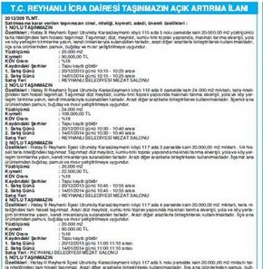 T.C. REYHANLI İCRA DAİRESİ TAŞINMAZIN AÇIK ARTIRMA İLANI