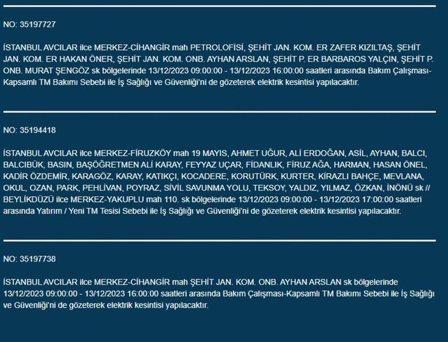 İstanbul elektrik kesintisi 13 Aralık BEDAŞ duyurdu 19 ilçede