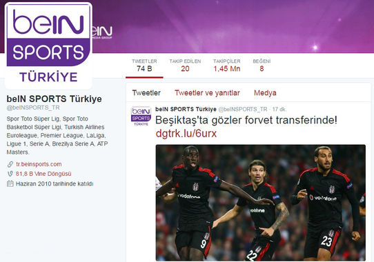Lig TV'nin Twitter hesabının adı beIN SPORTS Türkiye olarak değiştirildi.