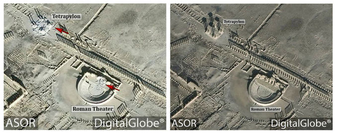 Palmira'nın 26 Aralık 2016'da çekilen uydu görüntüsünde (sağda) yapıların yerinde olduğu görülüyor. Soldaki görüntü ise 10 Ocak 2017'de çekildi. Oklarla gösterilen kısımlar yıkımı gözler önüne seriyor.