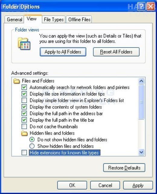 Access type offline. Action HS USB Flashdisk. Folder options. Hide folder ext. Hide Extensions for known file Types.