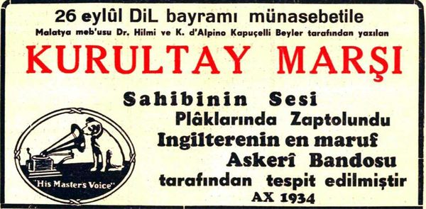 1934’de plâğa okunan “Okay”lı Kurultay Marşı’nın gazetelerdeki ilânı.