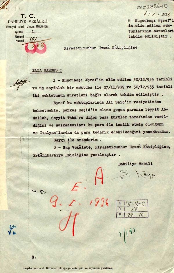İçişleri Bakanı Şükrü Kaya’nın, 1936’da Kuşçubaşı Eşref hakkında Cumhurbaşkanlığı’na gönderdiği raporlardan biri (Cumhurbaşkanlığı Arşivi, 01012886-10)).