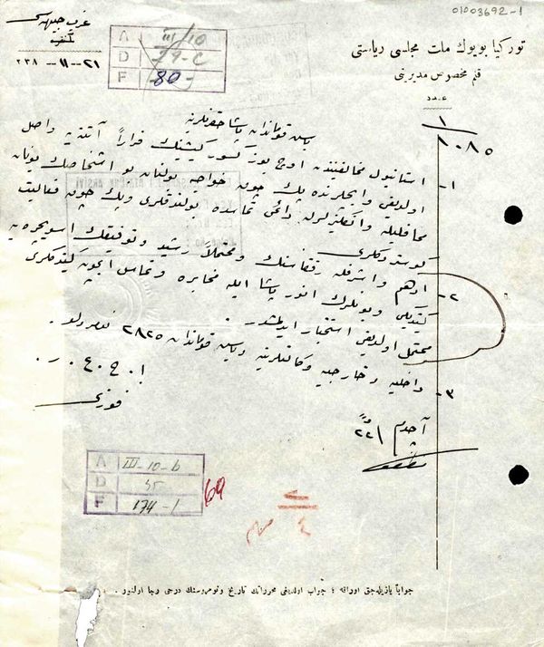 Fevzi Paşa’nın (Çakmak) Kuşçubaşı Eşref, Çerkes Edhem ve arkadaşları hakkında 21 Kasım 1922’de Mustafa Kemal Paşa’ya gönderdiği yazı (Cumhurbaşkanlığı Arşivi, 01003692-1).