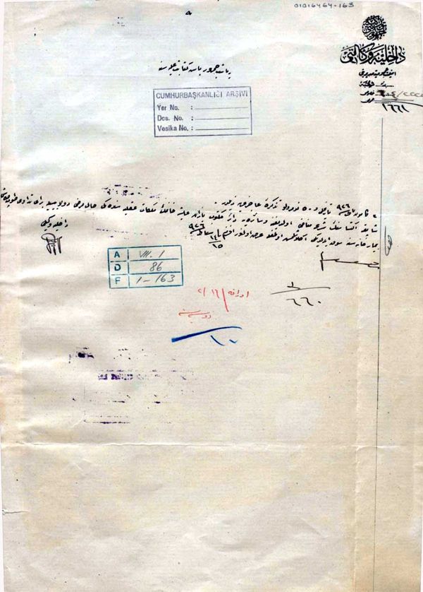 İçişleri Bakanı Cemil Bey, Ayşe Hanım’ın tımarhaneye kapatılması konusunda Çankaya’yı bilgilendiiyor (Cumhurbaşkanlığı Arşivi, 1016464-163).