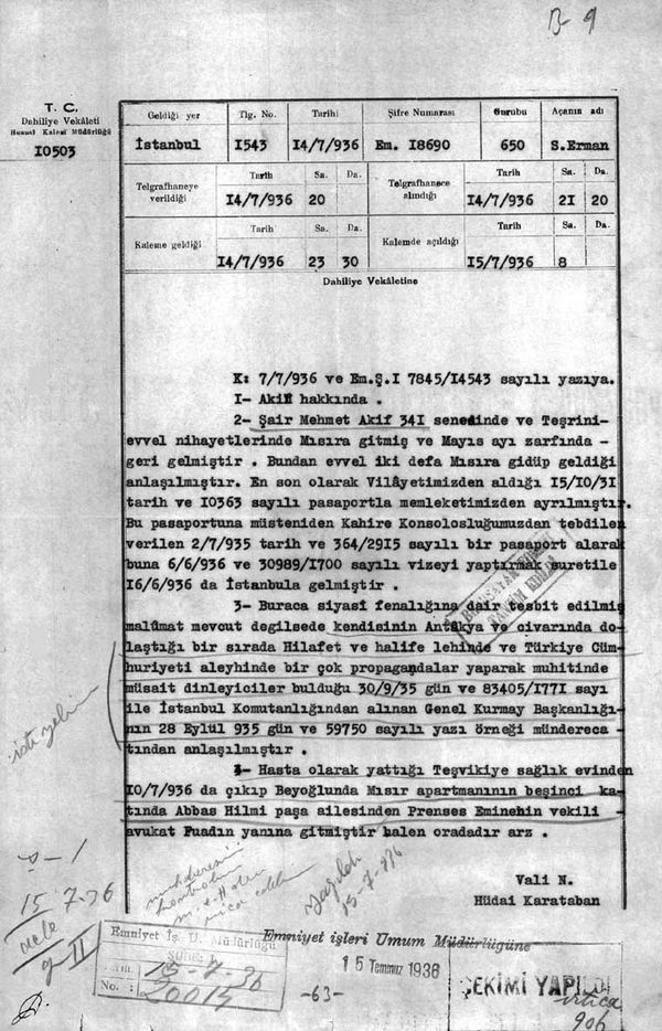 Mısır Apartmanı’nda kalan Mehmed Âkif hakkındaki istihbarat raporlarından biri (Cumhurbaşkanlığı Arşivleri, Cumhuriyet Arşivi, 121-10-0-0/2-6-1, 63 numaralı belge).