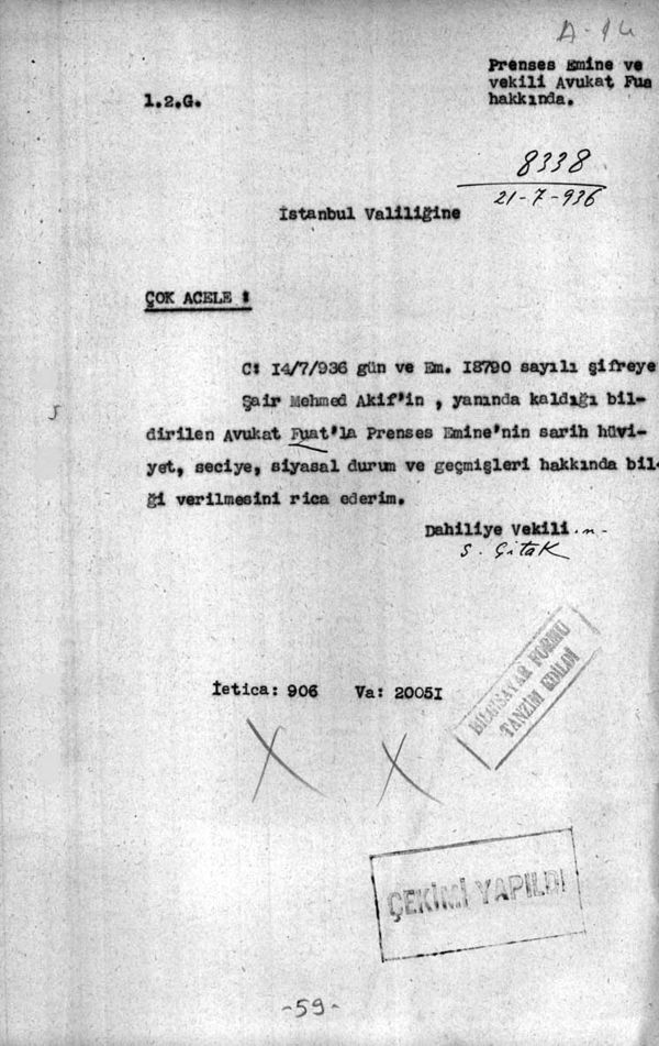 İçişleri Bakanlığı, İstanbul Valiliği’nden Mısır Apartmanı’nın sahibi Prenses Emine hakkında bilgi istiyor (Cumhurbaşkanlığı Arşivleri, Cumhuriyet Arşivi, 121-10-0-0/2-6-1, 59 numaralı belge).