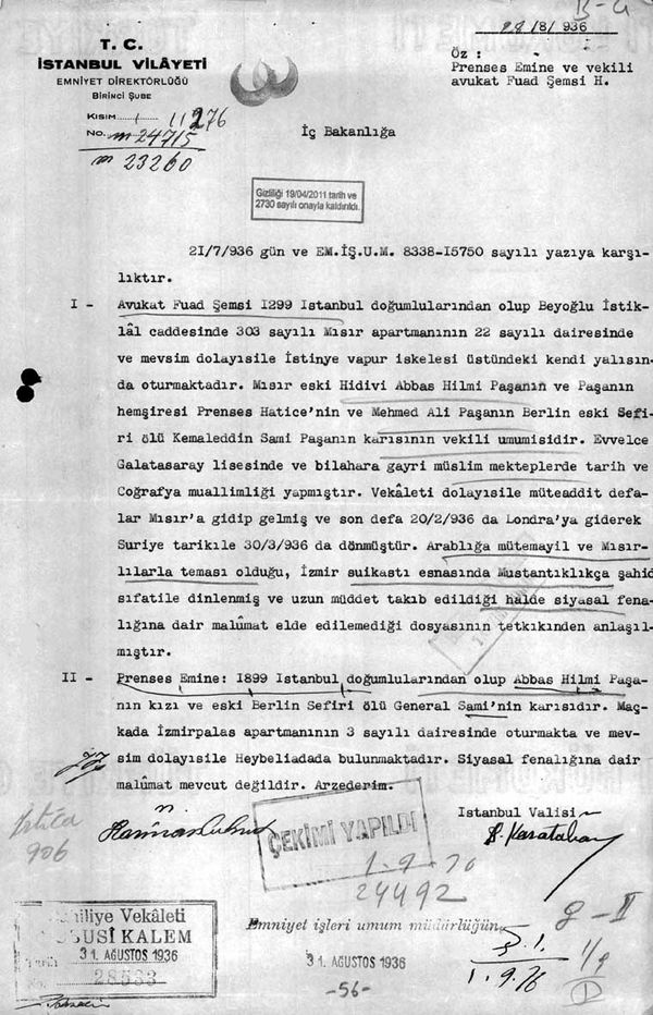 İstanbul Valiliği’nin Mısır Apartmanı’nın sahiplerinden Prenses Emine hakkındaki raporlarından biri (Cumhurbaşkanlığı Arşivleri, Cumhuriyet Arşivi, 121-10-0-0/2-6-1, 56 numaralı belge).