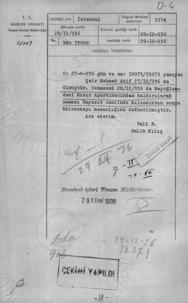 Âkif’in cenazesi hakkında bir başka istihbarat raporu (Cumhurbaşkanlığı Arşivleri, Cumhuriyet Arşivi, 121-10-0-0/2-6-1, 31 numaralı belge).