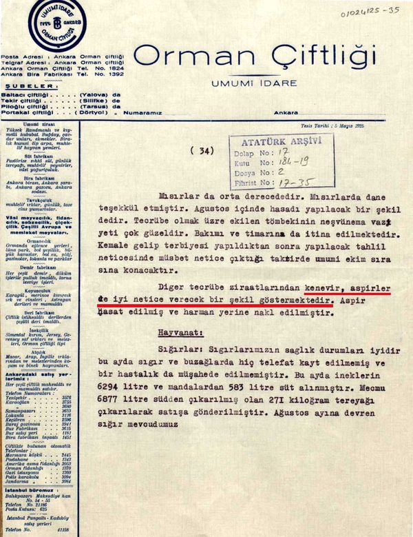 Atatürk’e sunulan tarım ile ilgili bir raporda kenevir üretimi hakkında bilgi veriliyor (Cumhurbaşkanlığı Arşivi, no: 010224125-35).