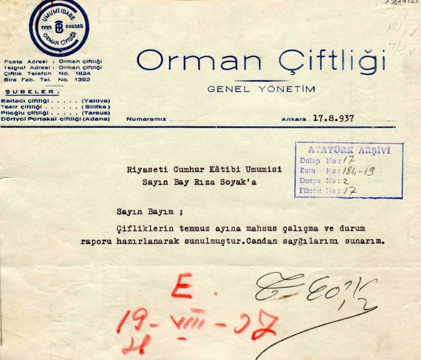 Atatürk’e sunulması için Cumhurbaşkanlığı Genel Sekreteri Hasan Rıza Soyak’a gönderilen raporlardan birinin ilk sayfası (Cumhurbaşkanlığı Arşivi, no: 010224125)