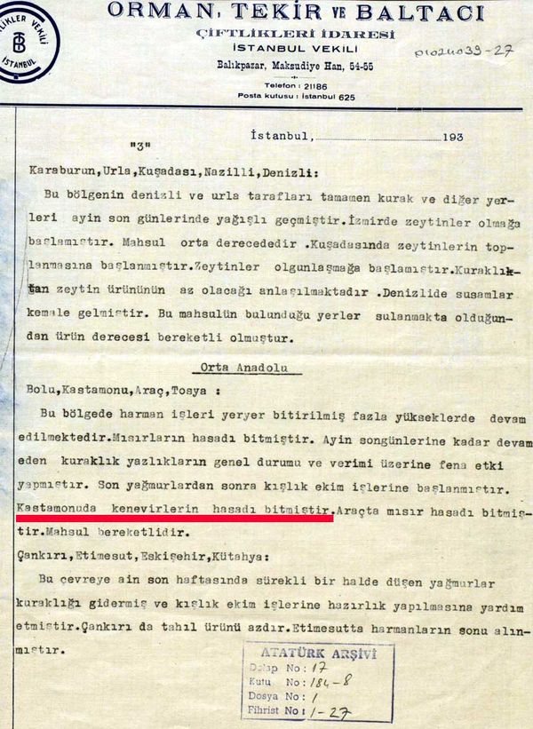 Ticaret Borsası&rsquo;nın Cumhurbaşkanlığı&rsquo;na g&ouml;nderilen 28 Kasım 1935 tarihli raporundaki kenevir bahsi (Cumhurbaşkanlığı Arşivi, no: 010224039-27).