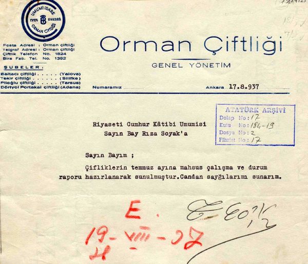 Atat&uuml;rk&rsquo;e sunulması i&ccedil;in Cumhurbaşkanlığı Genel Sekreteri Hasan Rıza Soyak&rsquo;a g&ouml;nderilen raporlardan birinin ilk sayfası (Cumhurbaşkanlığı Arşivi, no: 010224125)