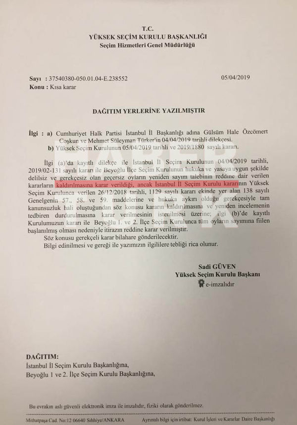 CHP'nin Beyoğlu itirazına karşı verilen YSK kararı