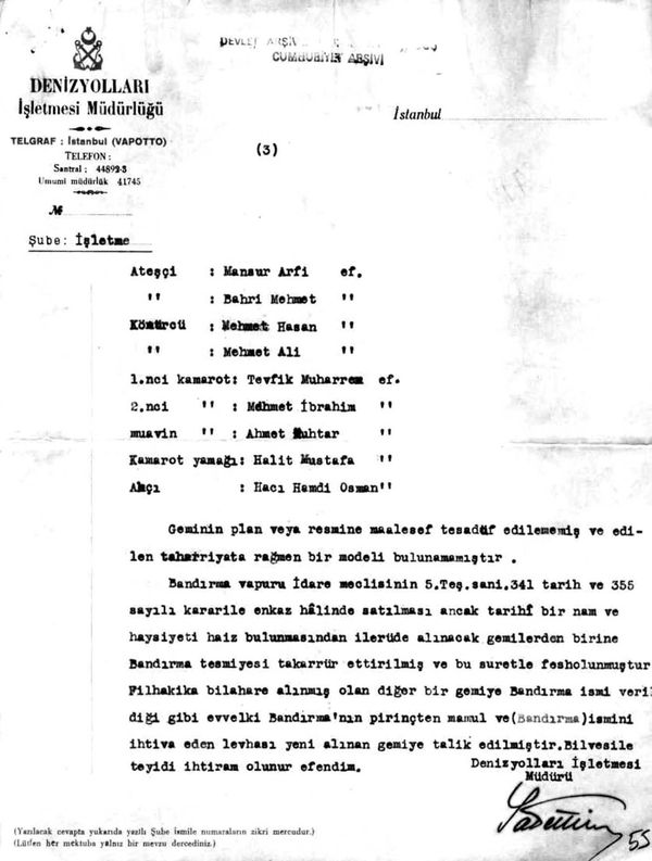 Denizyolları’ndan Halkevi Başkanlığı’na Bandırma Vapuru hakkında 6 Ağustos 1933’de gönderilen cevabî yazıda Samsun yolculuğundaki mürettebat listesinin yeraldığı sayfalar (Cumhuriyet Arşivleri’ndeki 490-1-0-0/1199-20 numaralı dosyadan).