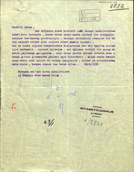 Atatürk’ün teyzesinin kızı olduğunu söyleyen Fatma Hanım’ın mektubu (Cumhurbaşkanlığı Arşivi, 01019680-168).