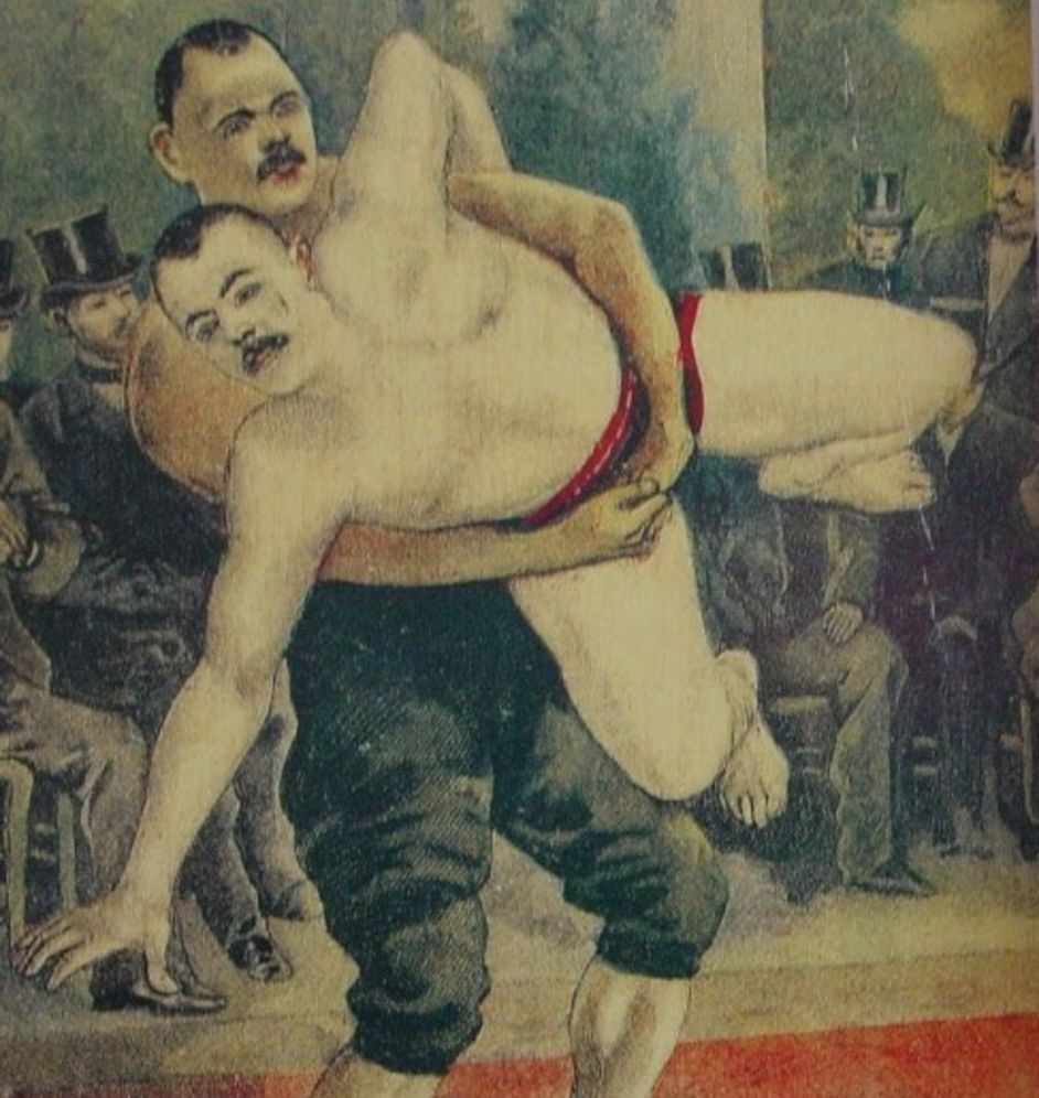 Koca Yusuf'un Rum Antonio Pierri ile yaptığı güreş, dönemin gazetelerinde bu çizimle yayımlandı
