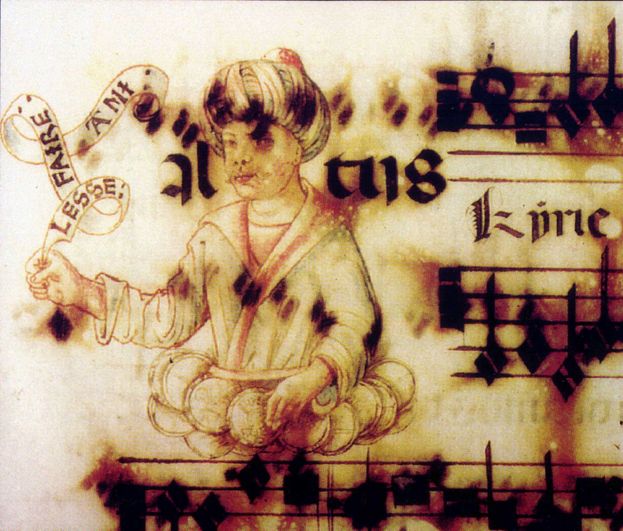 Josquin des Prez’in bestesinin ilk sayfasında bulunan ve Cem Sultan olduğu iddia edilen çizim. 