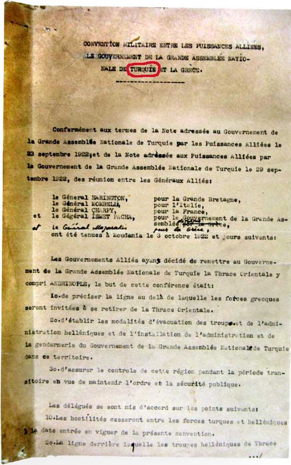 11 Ekim 1922’de imzalanan Mudanya Mütarekesi’nin orijinal metni. İsmet Paşa’nın “Türkiye Büyük Millet Meclisi”ni temsil ettiği yazılı.