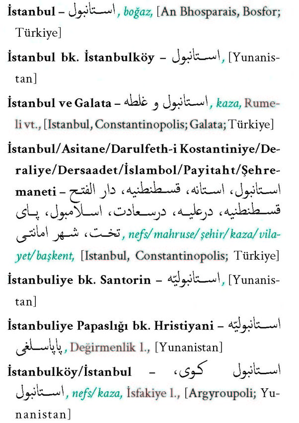 904 sayfalık sözlüğün bir sayfası: “İstanbul” ismini taşıyan beldelerden bazıları...