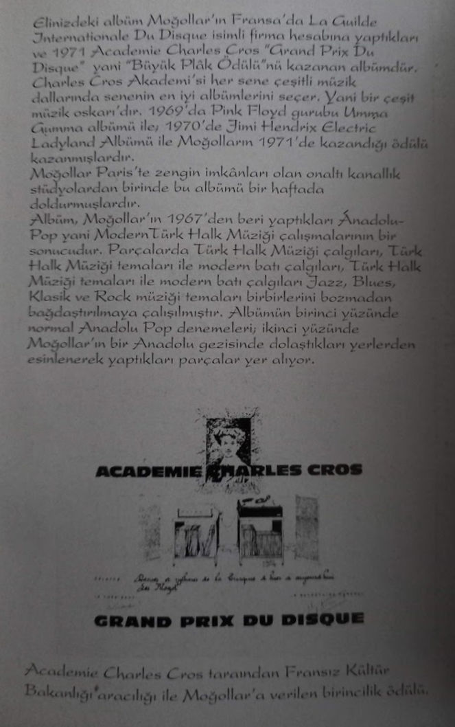 Moğollar'a 1971 yılında Fransa'da ödül getiren Anadolu Pop albümü.