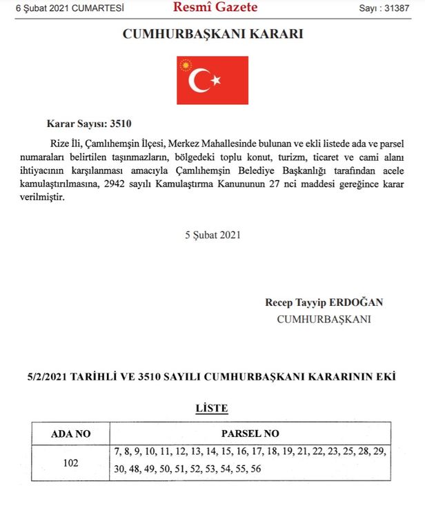 Kararda ilgili ada ve parsel numaraları da yer aldı.