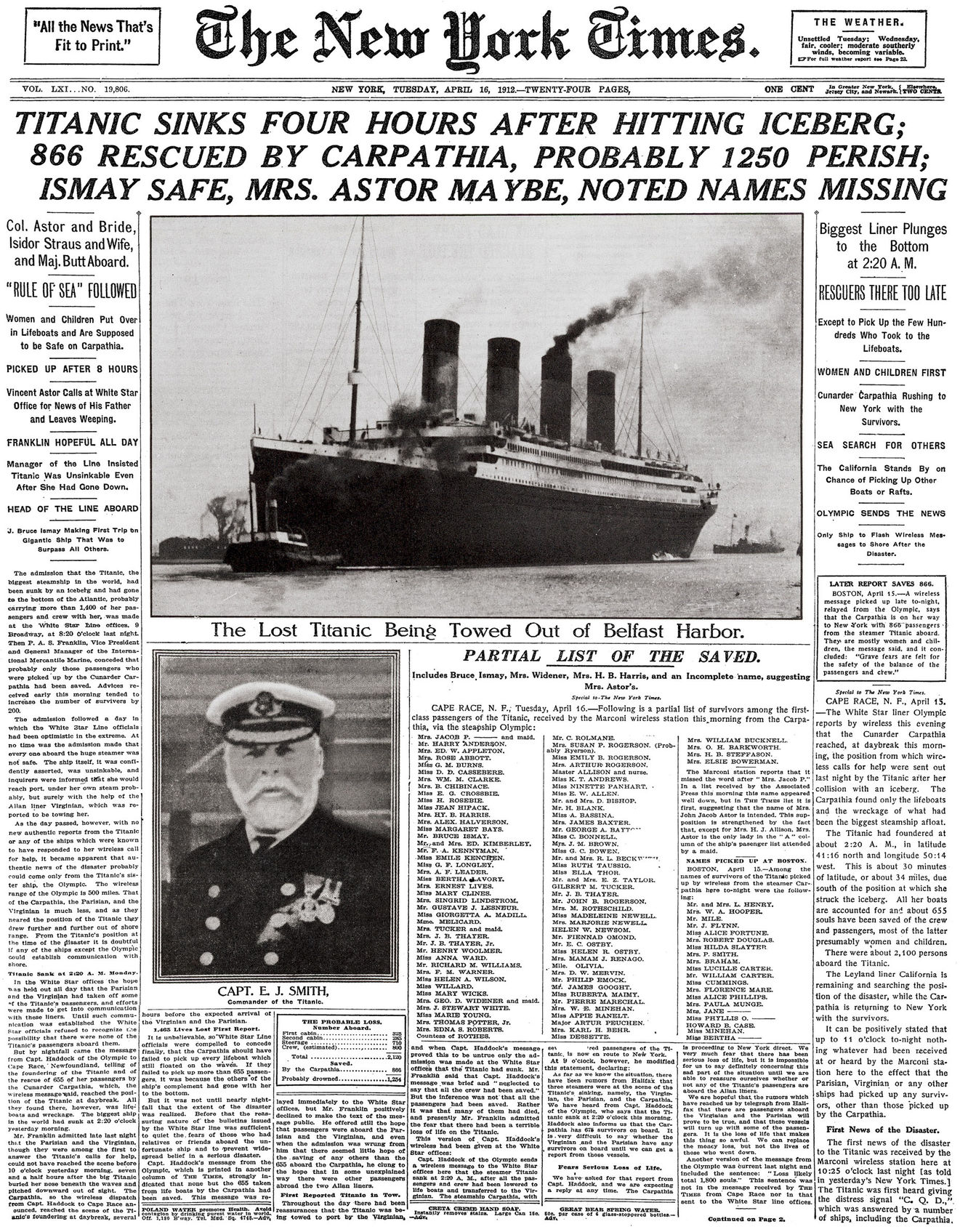 Titanic'in batması, 16 Nisan 1912'de böyle haber oldu