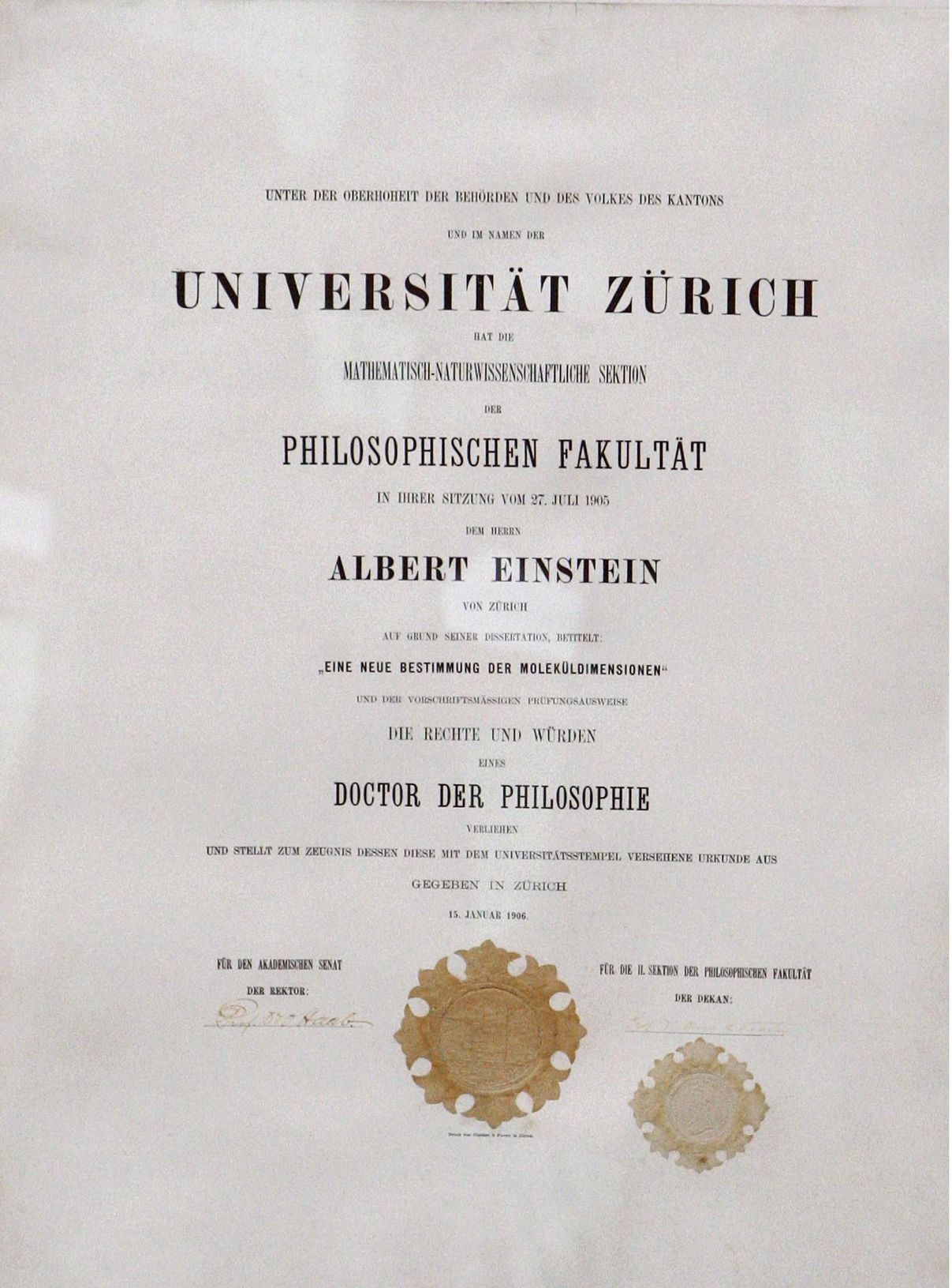 Albert Einstein'ın Zürih Üniversitesi'nden 1906'da aldığı doktora sertifikası.