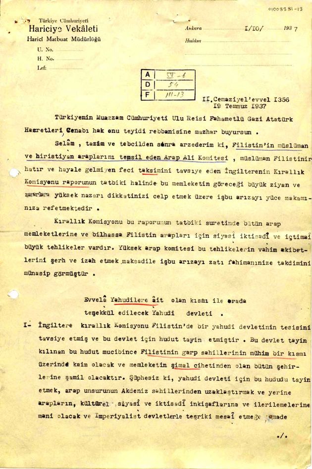 Kudüs Büyük Müftüsü Emin el-Hüseynî’nin aslı Arapça olan mektubunun Dışişleri Bakanlığı tarafından yapılmış Türkçe tercümesinin ilk sayfası (Cumhurbaşkanlığı Arşivi, 01008381/13-25).