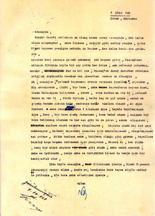 Nazım’ın, annesi Celile Hanım’a Bursa Hapishanesi’nden 9 Ekim 1949’da gönderdiği mektup.