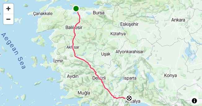 Özcan Güler'in 58 dakika mola ile sürüş 23 saat 57 dakika 42 saniyede tamamladığı 575.2 kilometrelik rotası.
