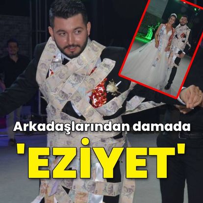 Böylesi görülmedi! Düğünde damada arkadaşları tarafından 60 metre uzunluğunda 5 liralık banknotlar takıldı