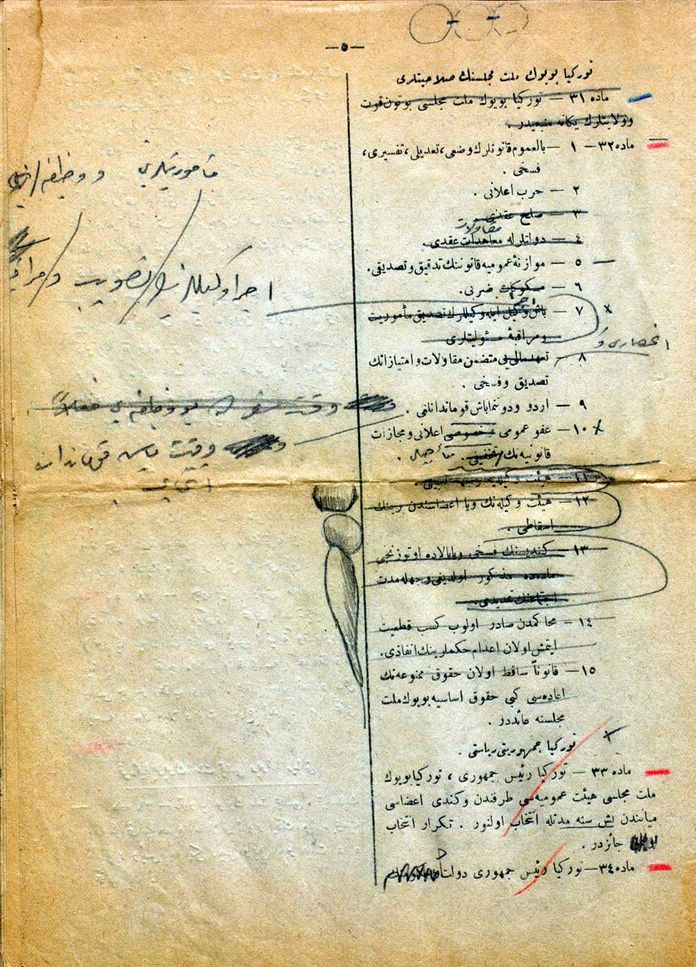 Tasarının, üzerinde Mustafa Kemal’in elyazısı ile ilâvelerinin olduğu bir başka sayfası.