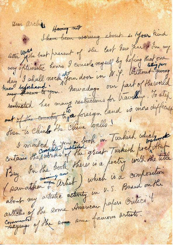Şerif Muhiddin Targan’ın Archibald Rooevelt’e gönderdiği mektubun kendi elyazısı ile müsveddesi.