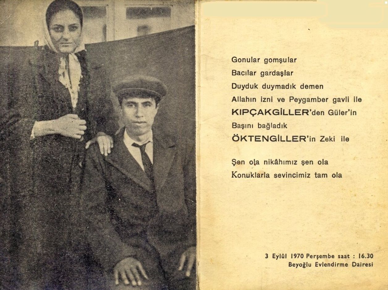 Zeki Ökten ile eşi Güler Ökten'in nikah töreni davetiyesi.