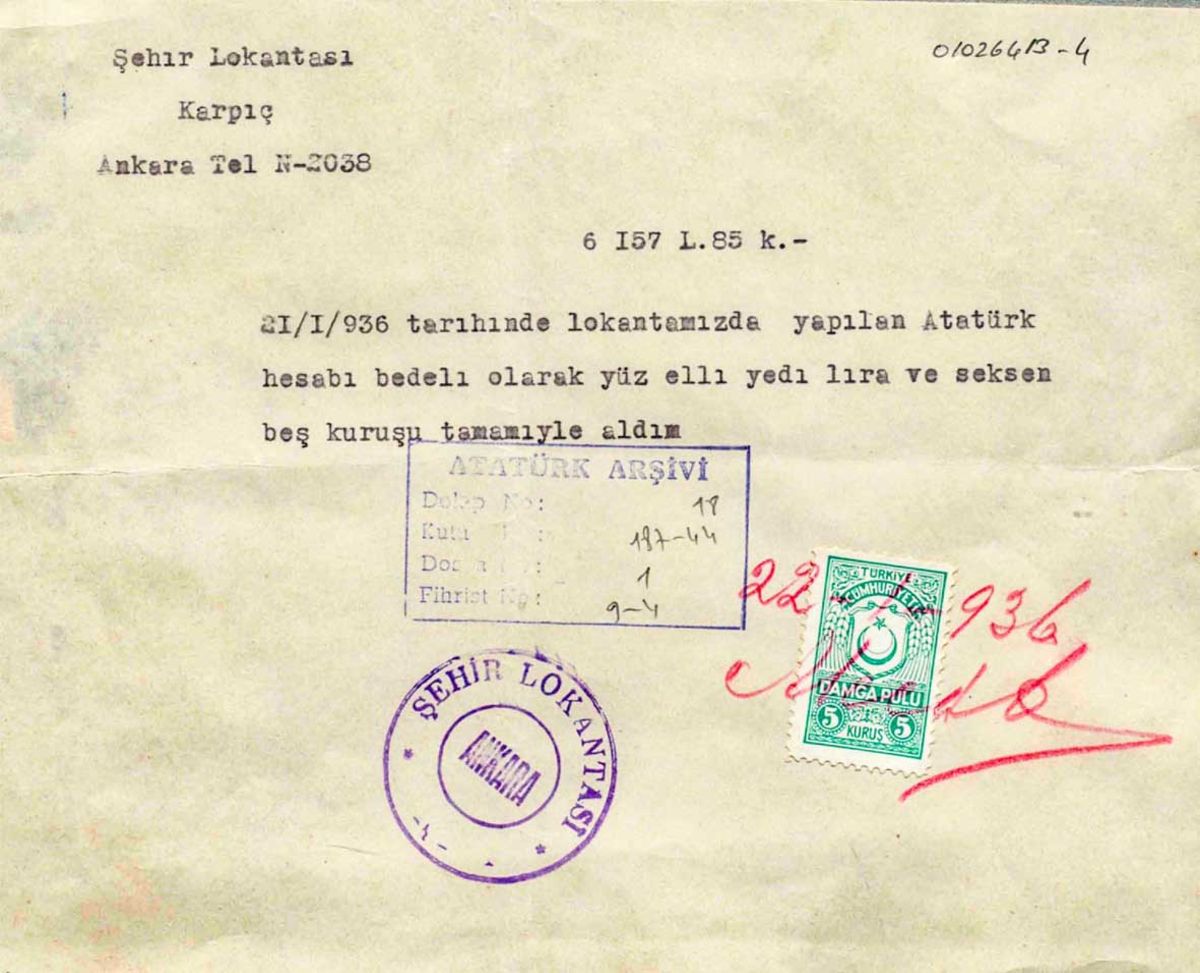 Atatürk’ün 22 Ocak 1936’da Ankara’daki Karpiç Lokantası’nda dostları ile beraber yediği yemeğin faturası.
