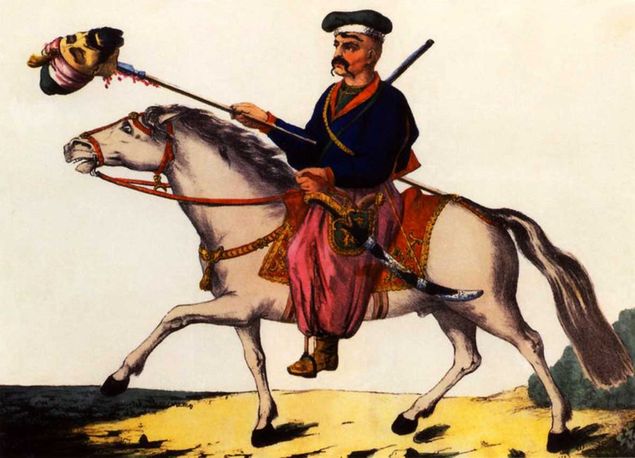 Öldürdüğü Tatar’ın kellesini mızrağının ucunda taşıyan bir 18. yüzyıl Kazağı...