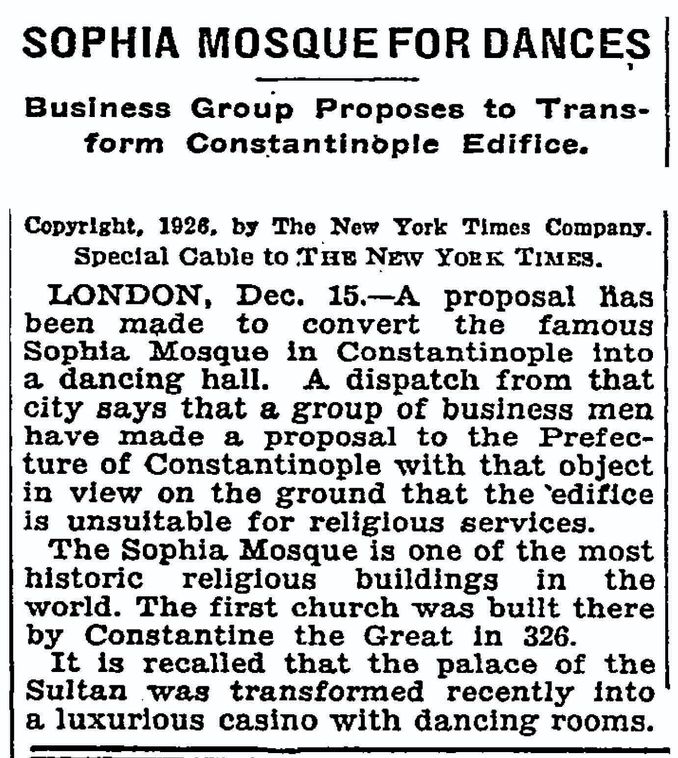 New York Times’ta Ayasofya hakkında 16 Aralık 1926’da çıkan haber.