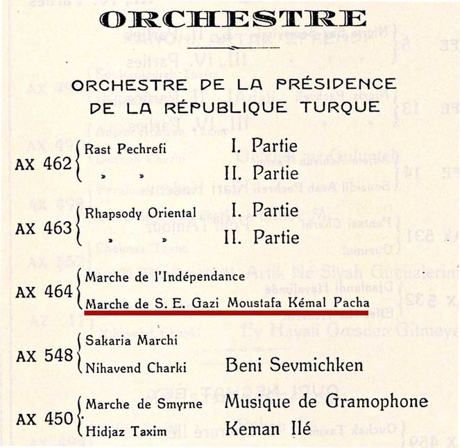 “Sahibinin Sesi” plâk şirketinin 1928’deki Fransızca kataloğundan: Millet Marşı, “S.E. (Son Excellence Moustafa Kémal Pacha” marşı olmuş.