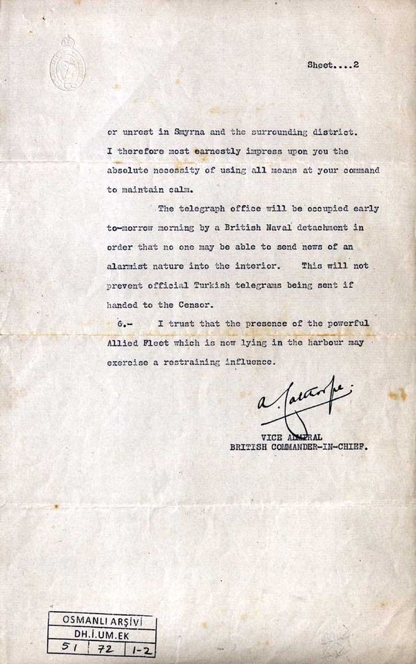 İngiliz Korgenerali Calthorpe’un 14 Mayıs 1919’da İzmir Valisi Ahmed İzzet Bey’e gönderdiği ve şehrin ertesi gün Yunanlılar tarafından işgal edileceğini bildirdiği nota (Başbakanlık Osmanlı Arşivi, Dh.İ.UM.EK.51/72-1 ve 2).