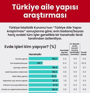 Türkiye İstatistik Kurumu’nun “Türkiye Aile Yapısı Araştırması” sonuçlarına göre aile yaşantımızın istatistikleri. Evin badana/boyası hariç evdeki tüm işler genellikle bir hanehalkı ferdi tarafından üstleniliyor. Boşanmış erkeklere ve kadınlara göre en önemli boşanma nedeni eşlerinin sorumsuz ve ilgisiz davranması. Kadının çalışması ve sosyal hayata katkı sağlamasının değerli olduğunu düşünenlerin oranı %82,6 iken kadının asli görevinin çocuk bakımı ve ev işleri olduğunu düşünenlerin oranı ise %35,8.
