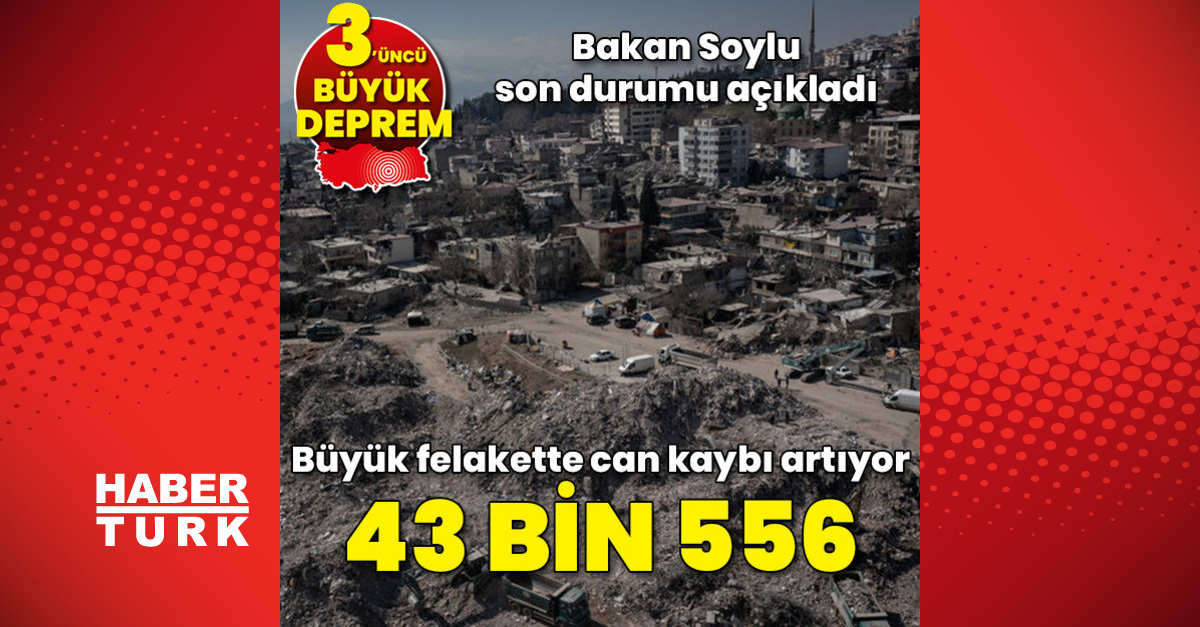 Son dakika haberi İçişleri Bakanı Soylu, Kahramanmaraş merkezli depremlerde 43 bin 556 kişinin hayatını kaybettiğini açıkladı