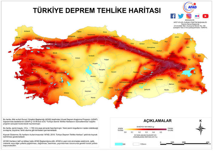 2019 yılında yayınlanan son Türkiye Deprem Haritası.