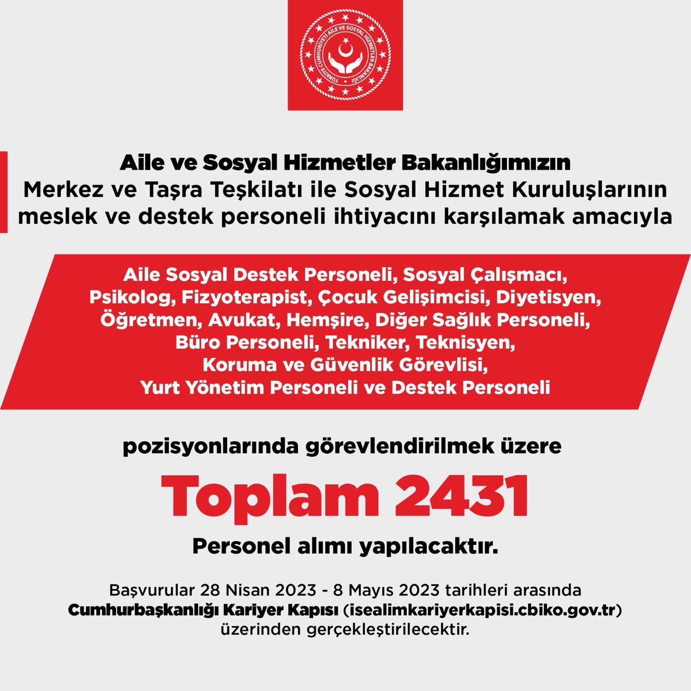 Aile Ve Sosyal Hizmetler Bakanlığı 2431 Personel Alımı Başvuru ...