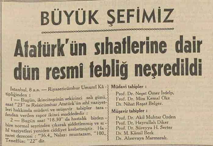 Ulus Gazetesi, 9 Kasım 1938 tarihli nüshasından.