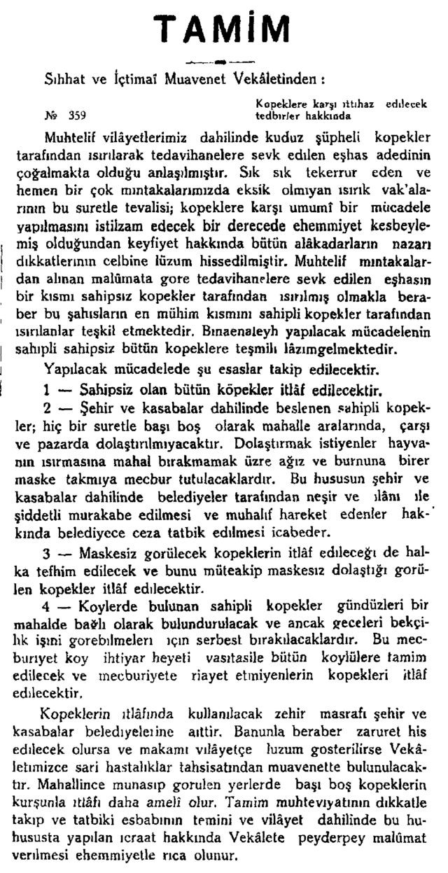 Köpeklerin itlâfı hakkında Resmî Gazete’de 13 Haziran 1932’de, yani Atatürk döneminde yayınlanmış olan genelge.