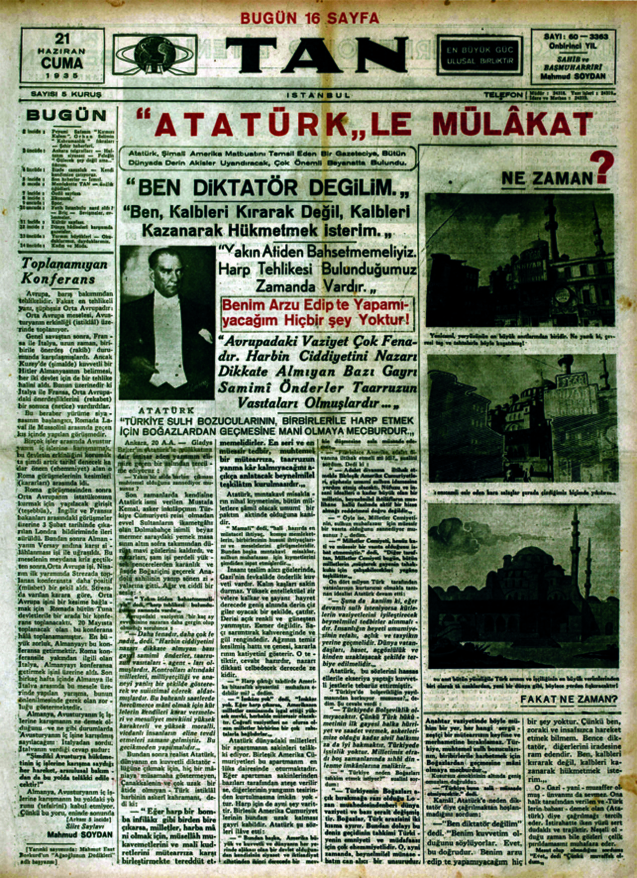 Mülâkatın oldukça kısaltılmış hâlinin yayınlandığı 21 Haziran 1935 tarihli gazetelerden bazıları.